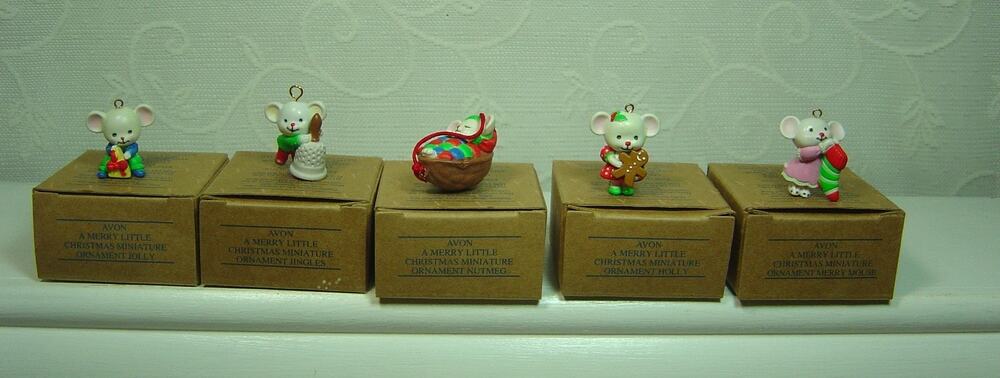 5 AVON ORNAMENTS-MERRY LITTLE CHRISTMAS MINIATURES-MICE-WITH BOXES-1" TALL